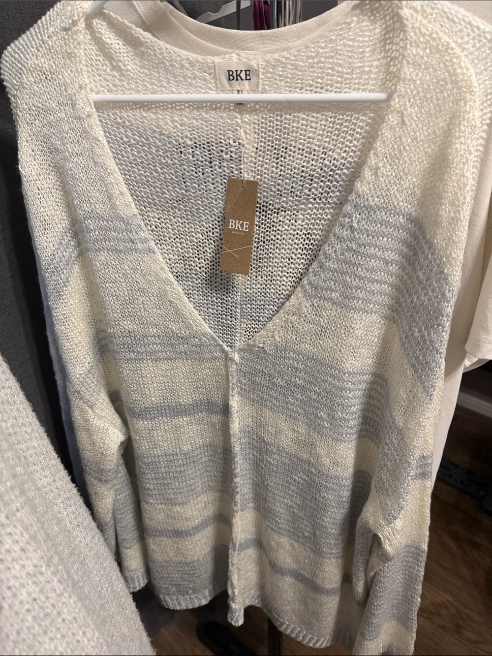 BKE Cream & Light Gray Striped V-Neck Sweater